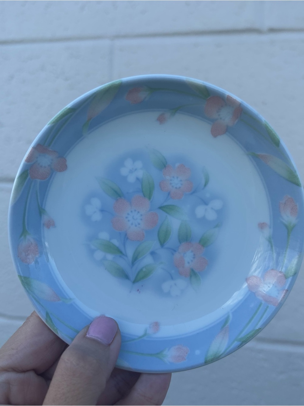 Vintage small butter pat  dish featuring a light blue rim delicate floral patter